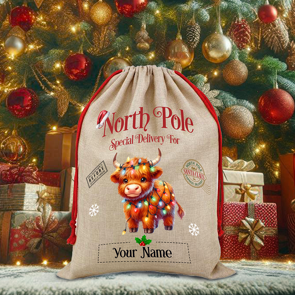 Personalised Highland Cow - North Pole Santa Sack