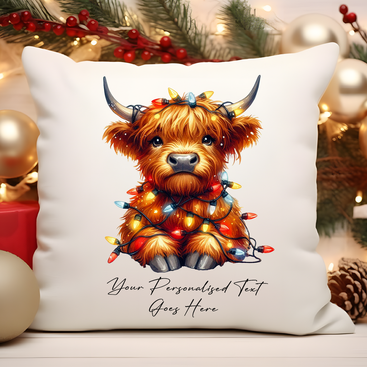 Personalised Highland Cow Wrapped in Christmas Lights Cushion Cover Gift - Style D