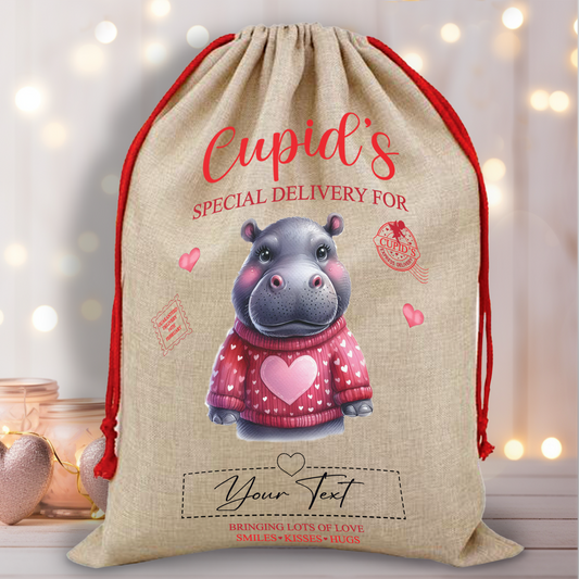 Personalised Animal Love Heart Valentine Anniversary Gift Sack - Hippo