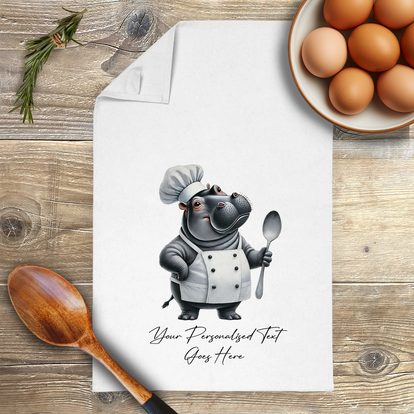 Personalised Watercolour Animal Chef Hippo Tea Towel