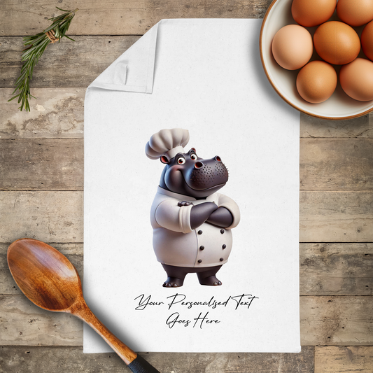 Personalised Toon Animal Chef Hippo Tea Towel