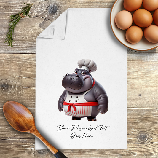 Personalised Toon Animal Chef Hippo Tea Towel B