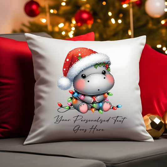 Personalised Hippo Wrapped in Christmas Lights Cushion Cover Gift - Style A