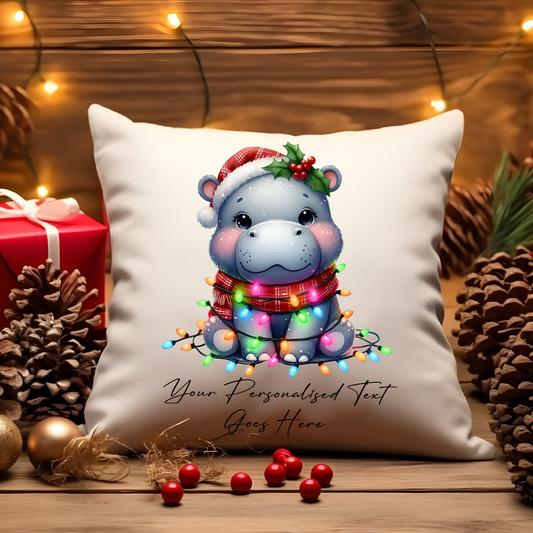 Personalised Hippo Wrapped in Christmas Lights Cushion Cover Gift - Style B