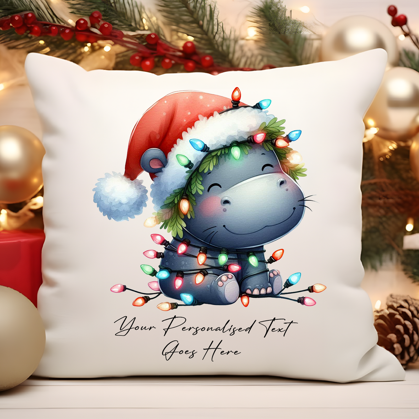 Personalised Hippo Wrapped in Christmas Lights Cushion Cover Gift - Style C