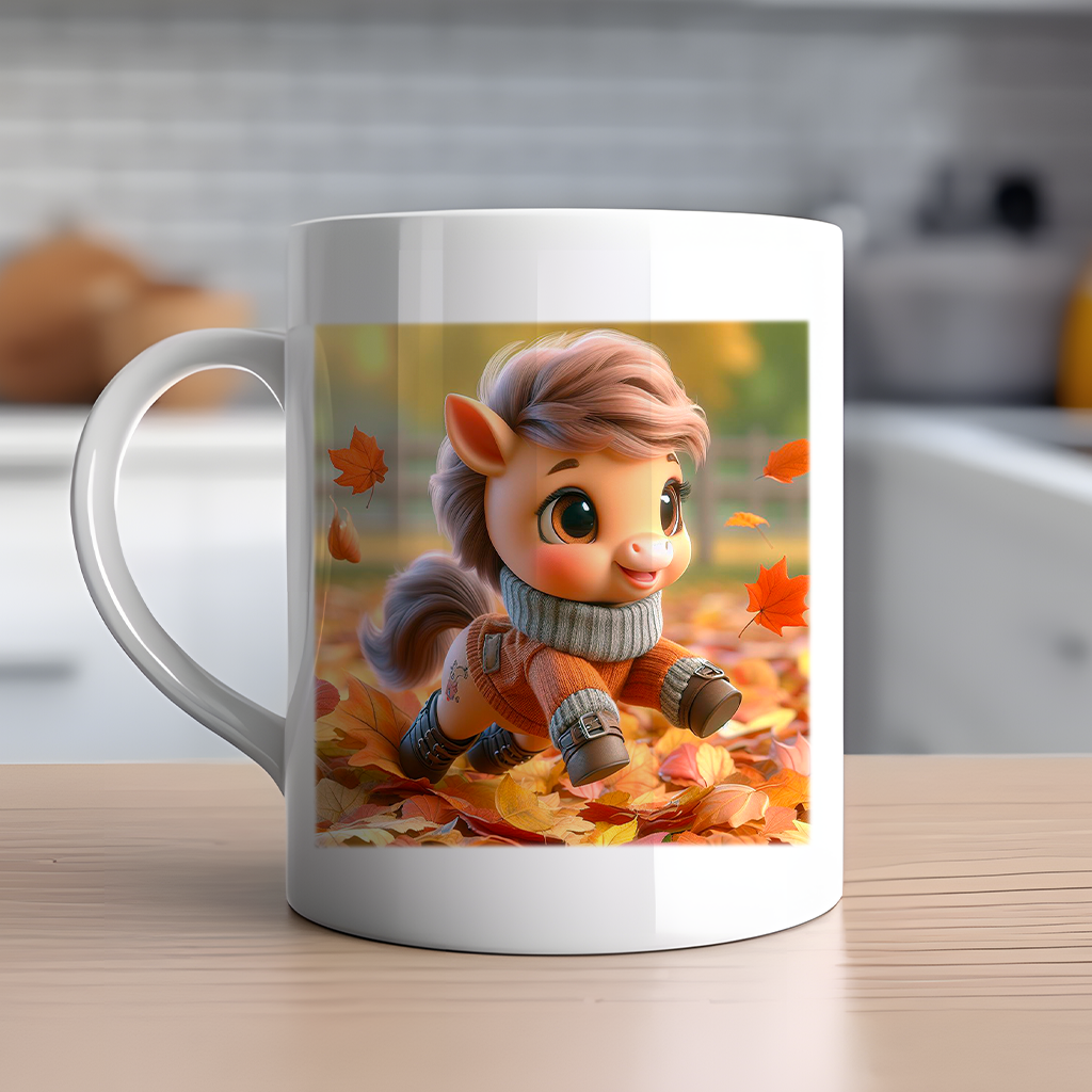 Personalised Cute Horse Playing in Autumn Leaves - Keepsake Gift Mug, by Floppsie Moppsie – floppsiemoppsie at floppsiemoppsie.co.uk