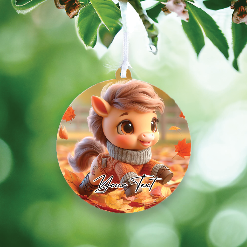 Cute Personalised Horse Pony playing in the autumn leaves - Keepsake Gift Hanging Decoration, by Floppsie Moppsie – floppsiemoppsie at floppsiemoppsie.co.uk