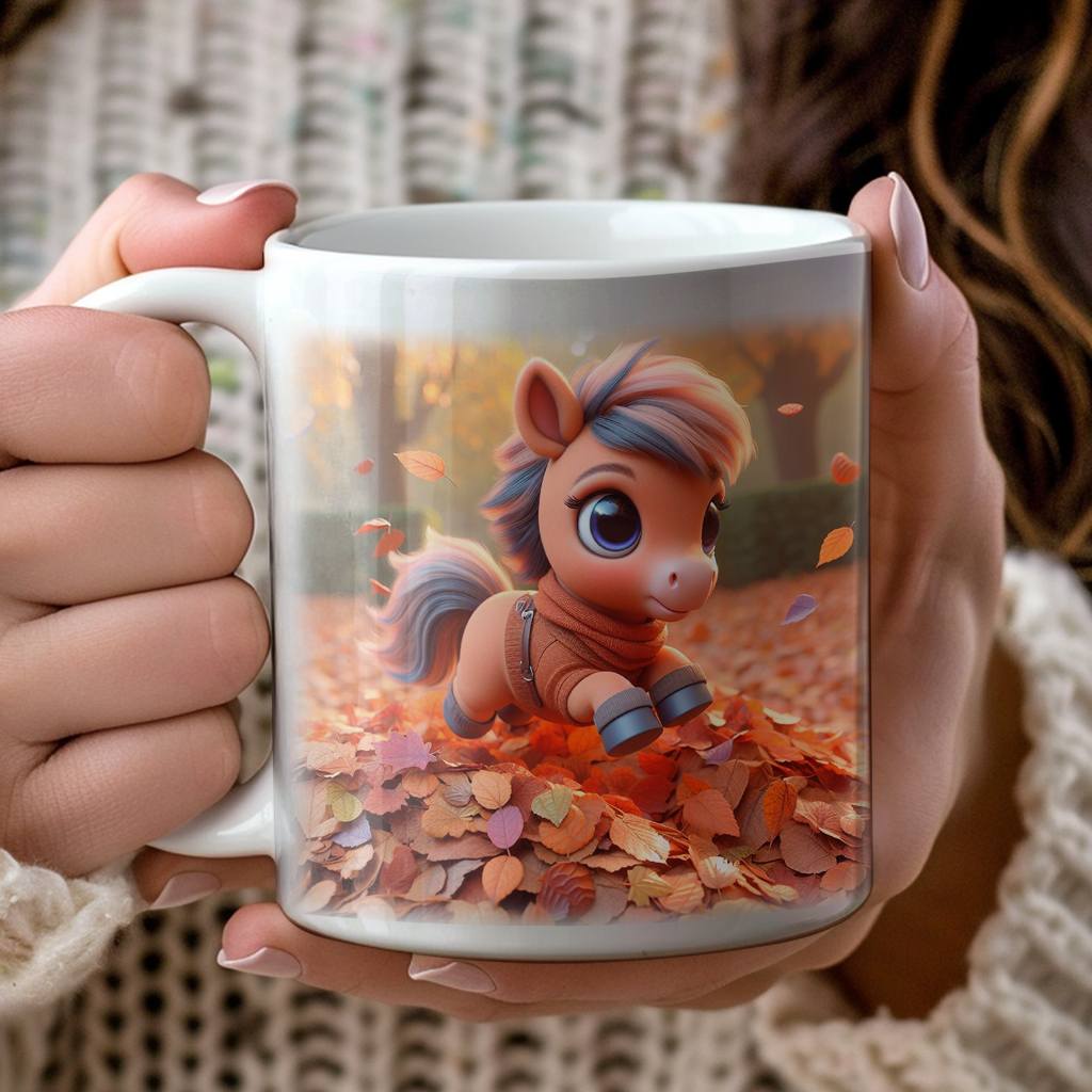 Personalised Horse Playing in Autumn Leaves Gift Mug D