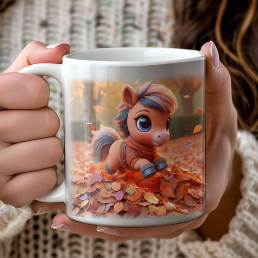 Personalised Horse Playing in Autumn Leaves Gift Mug D