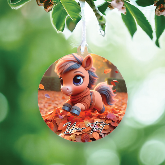 Cute Personalised Horse Pony playing in the autumn leaves - Keepsake Gift Hanging Decoration, by Floppsie Moppsie – floppsiemoppsie at floppsiemoppsie.co.uk