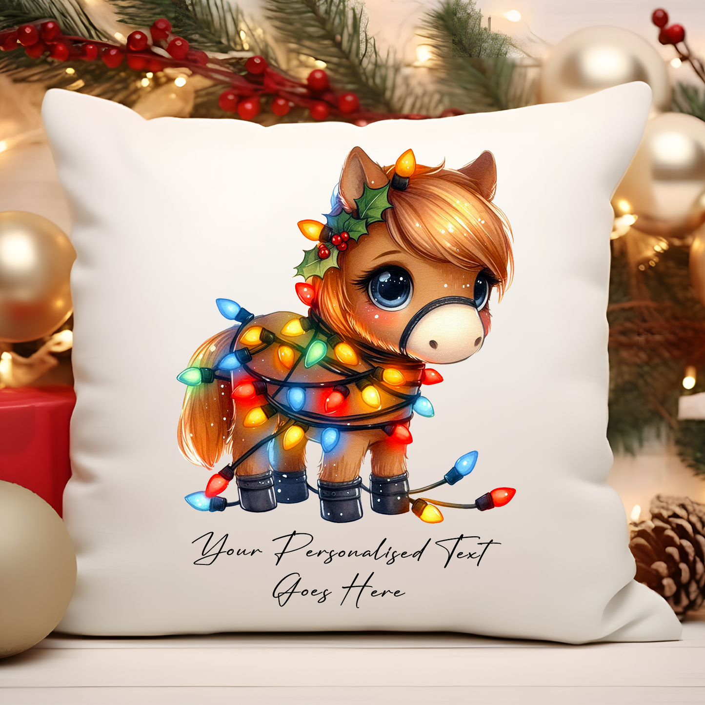 Personalised Horse Wrapped in Christmas Lights Cushion Cover Gift