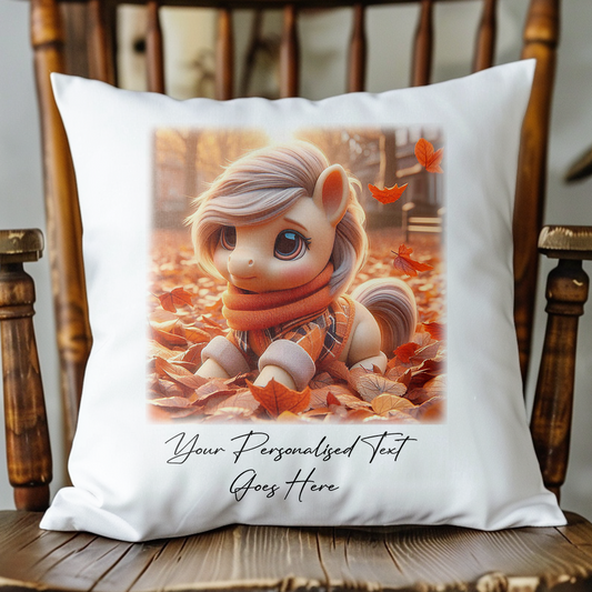 Personalised Cute Horse Playing in Autumn Leaves - Keepsake Gift Cushion, by Floppsie Moppsie – floppsiemoppsie at floppsiemoppsie.co.uk