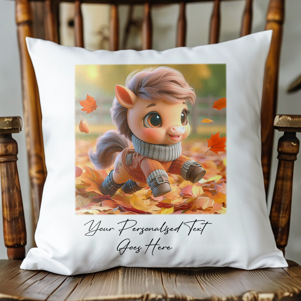 Personalised Cute Horse Playing in Autumn Leaves - Keepsake Gift Cushion, by Floppsie Moppsie – floppsiemoppsie at floppsiemoppsie.co.uk