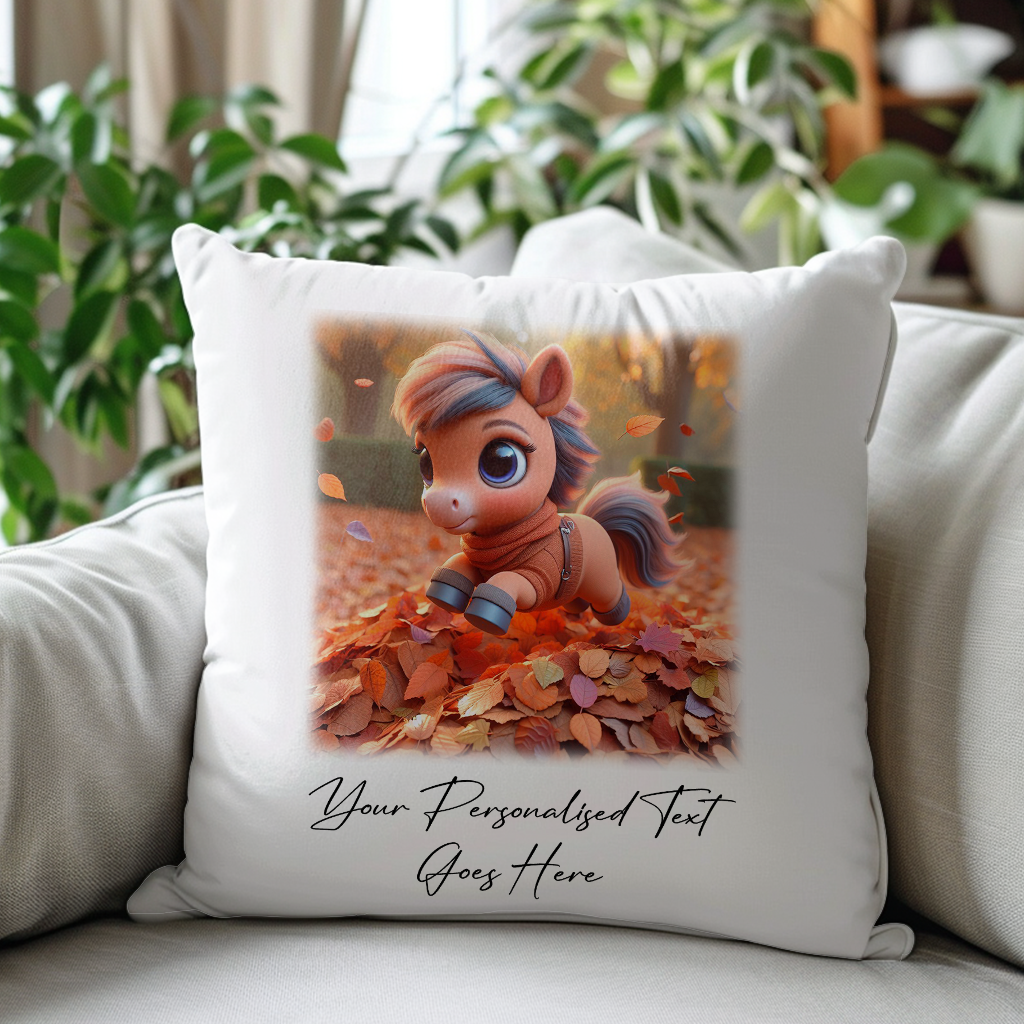 Personalised Cute Horse Playing in Autumn Leaves - Keepsake Gift Cushion, by Floppsie Moppsie – floppsiemoppsie at floppsiemoppsie.co.uk