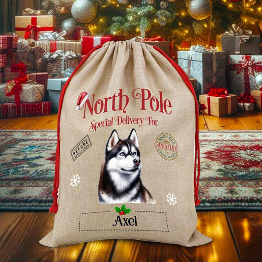 Personalised Dog Siberian Husky – North Pole Special Delivery Santa Sack Pet Gift, by Floppsie Moppsie – floppsiemoppsie at floppsiemoppsie.co.uk