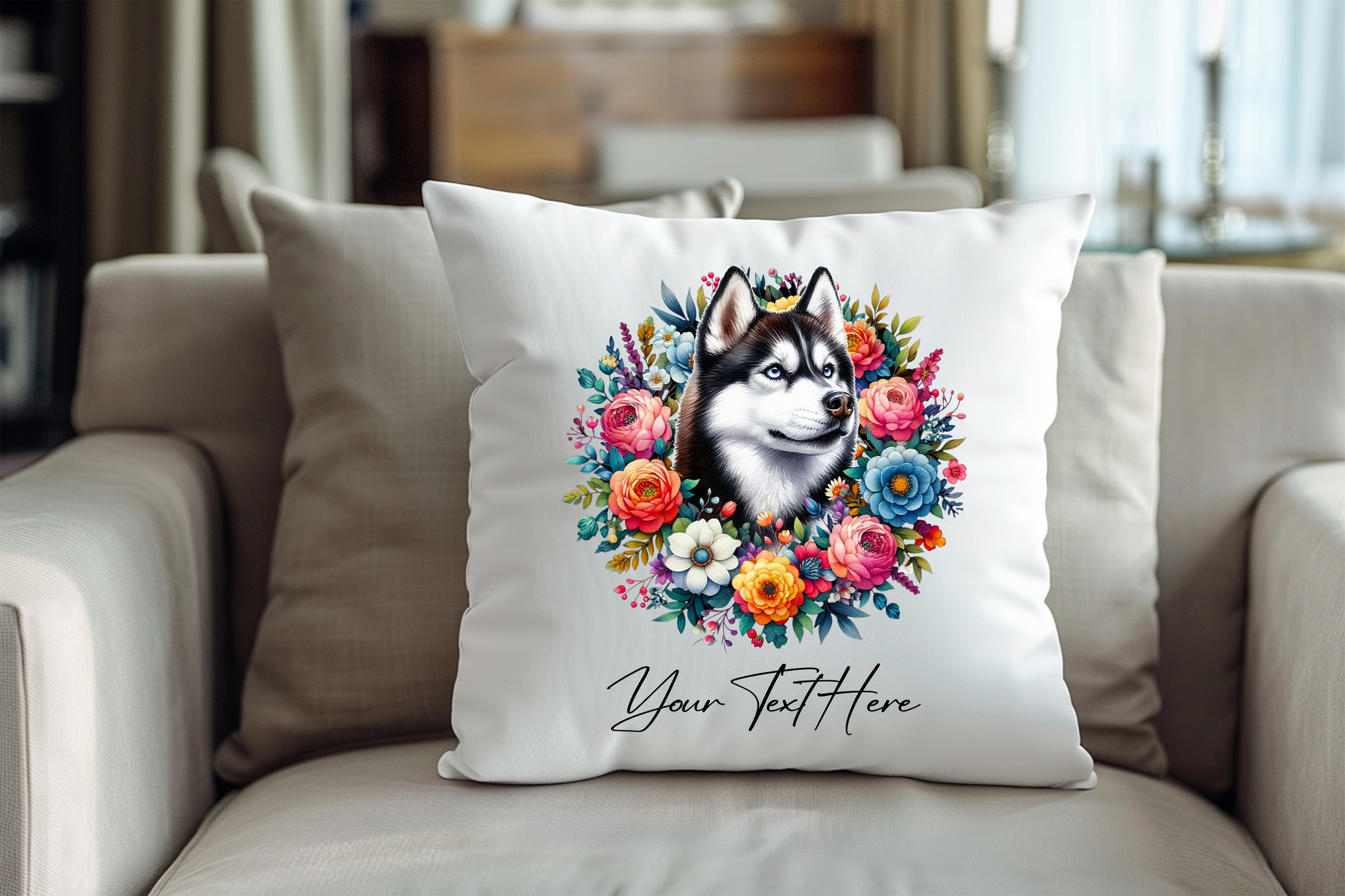 Personalised Floral Summer Pet Dog Wreath with Siberian Husky - Keepsake Gift Cushion, by Floppsie Moppsie – floppsiemoppsie at floppsiemoppsie.co.uk