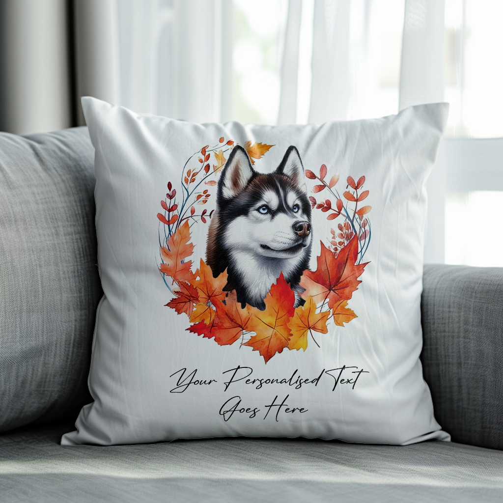 Personalised Husky in an Autumn wreath - Keepsake Gift cushion, by Floppsie Moppsie – floppsiemoppsie at floppsiemoppsie.co.uk