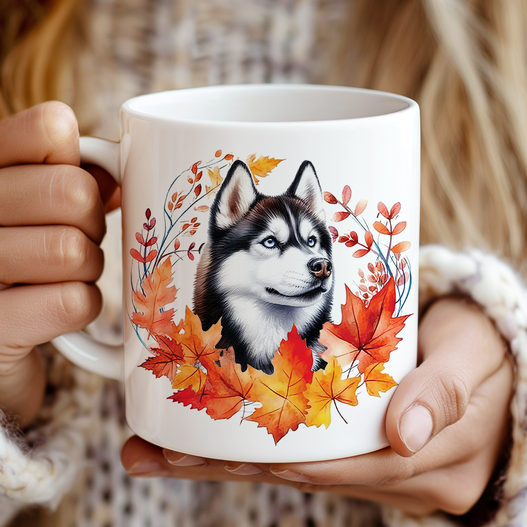 Personalised Husky in an Autumn wreath - Keepsake Mug, ideal gift for Birthday and Christmas Gift, by Floppsie Moppsie – floppsiemoppsie at floppsiemoppsie.co.uk