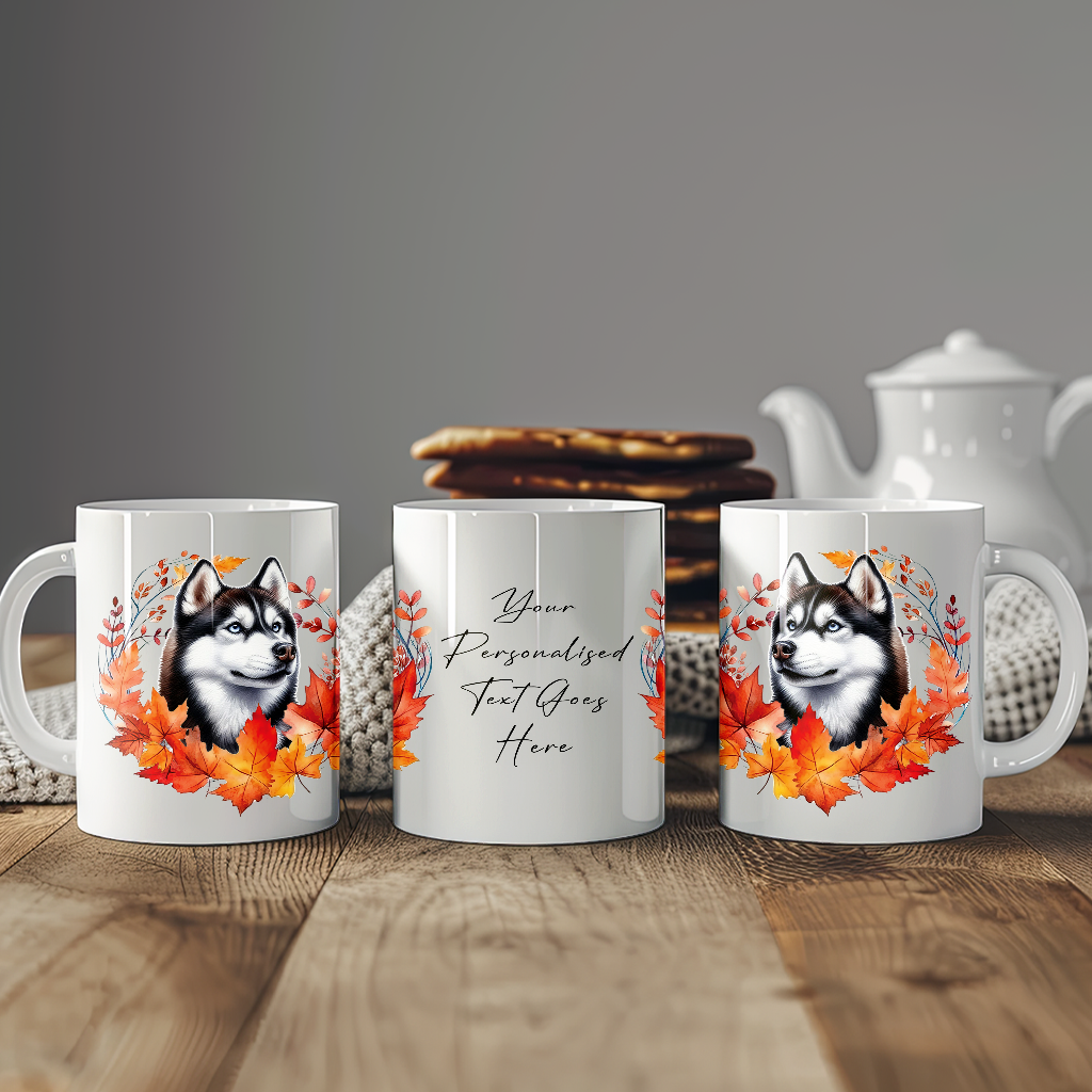 Personalised Husky in an Autumn wreath - Keepsake Mug, ideal gift for Birthday and Christmas Gift, by Floppsie Moppsie – floppsiemoppsie at floppsiemoppsie.co.uk