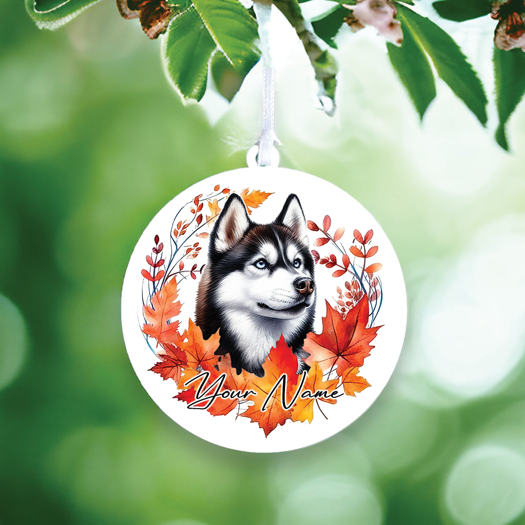 Personalised Dog Husky in an autumn wreath - Keepsake Gift Hanging Decoration, by Floppsie Moppsie – floppsiemoppsie at floppsiemoppsie.co.uk