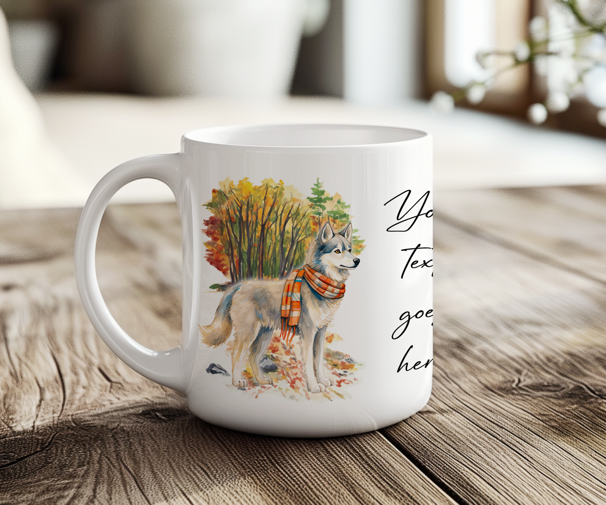 Personalised Siberian Husky Dog Mug wearing an Autumn scarf on a walk