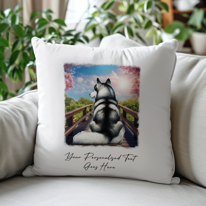 Personalised Husky – Looking out across a Bridge Pet Gift Cushion, by Floppsie Moppsie – floppsiemoppsie at floppsiemoppsie.co.uk