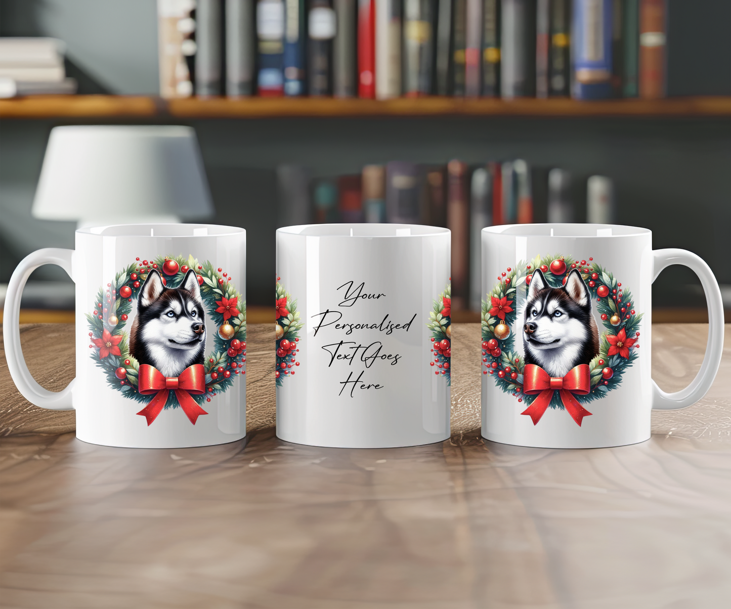 Personalised Husky Dog Christmas Wreath Gift Mug