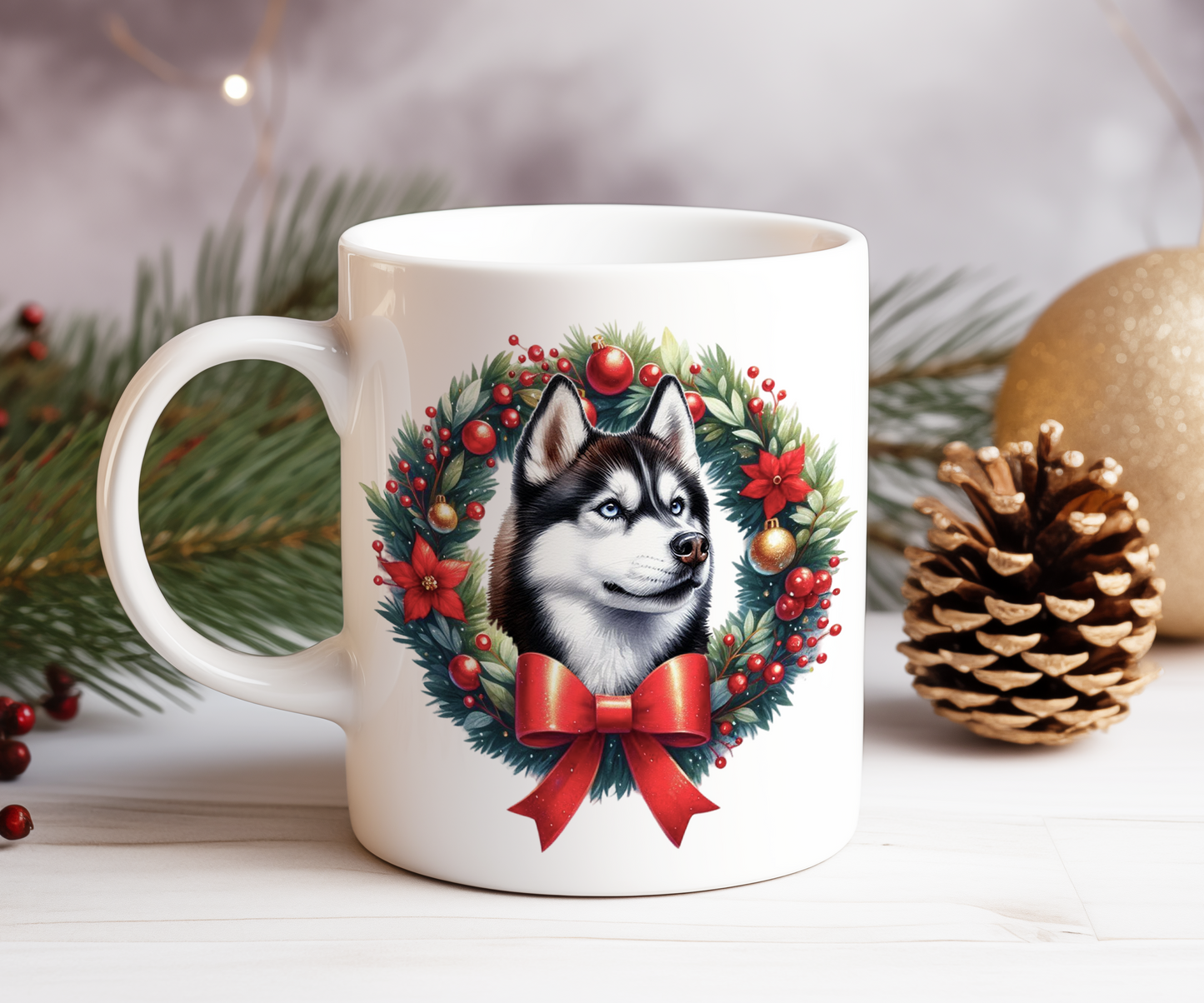 Personalised Husky Dog Christmas Wreath Gift Mug