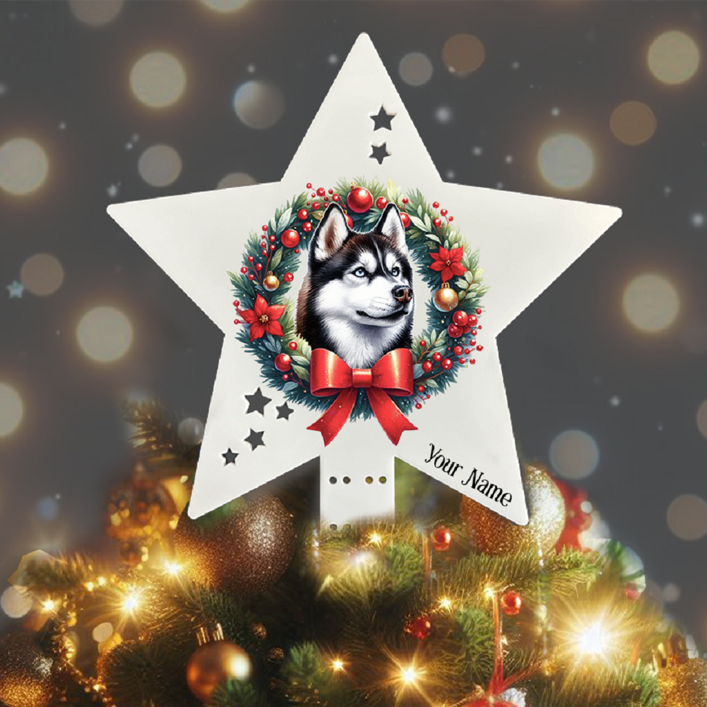 Personalised Pet Dog Husky wreath Christmas Tree Topper - Keepsake Gift, by Floppsie Moppsie – floppsiemoppsie at floppsiemoppsie.co.uk