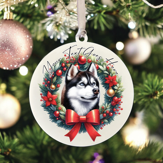 Personalised Husky Dog Christmas Wreath - Hanging Bauble Decoration