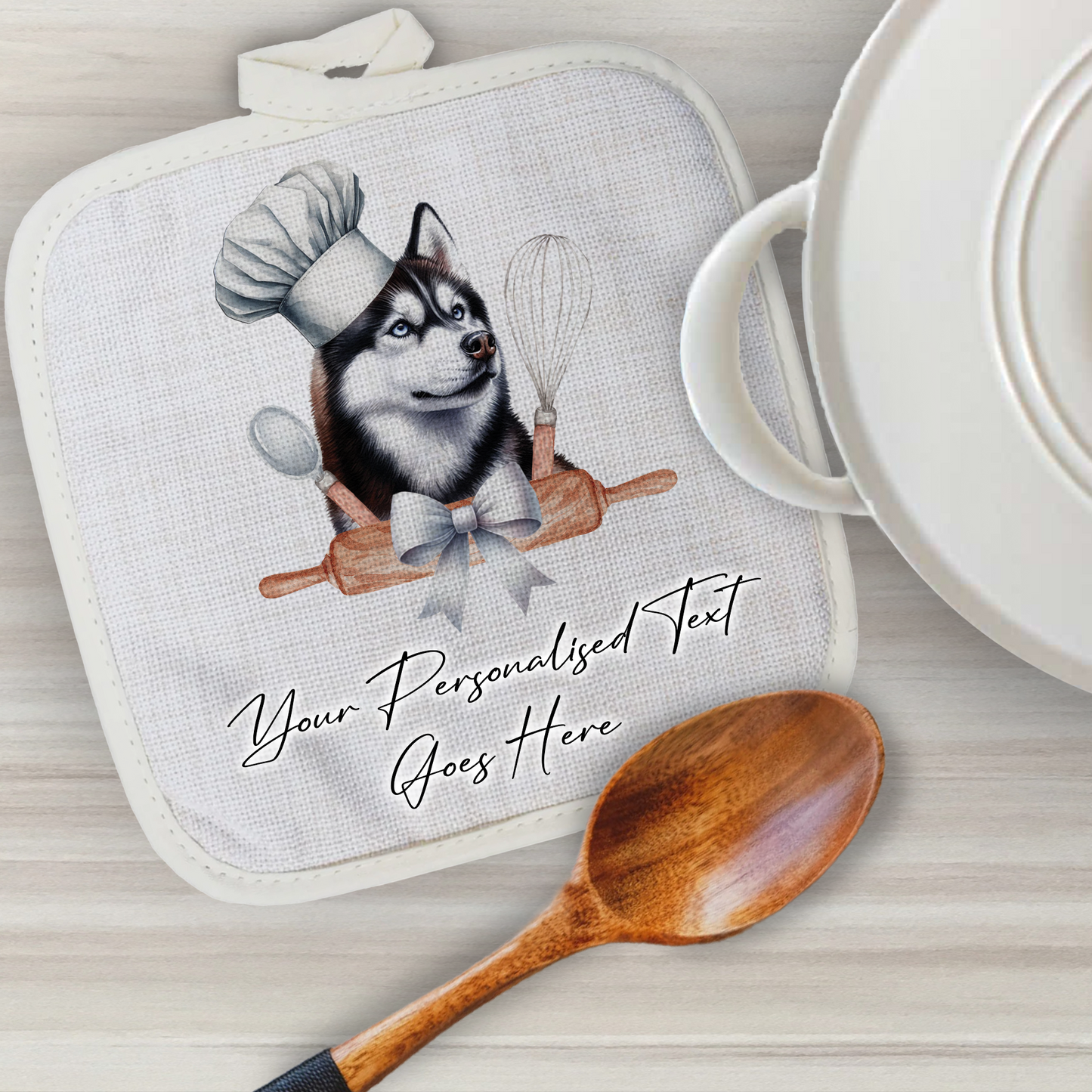 Personalised Dog In Chef Hat Gift Pot Holder / Grab - Husky