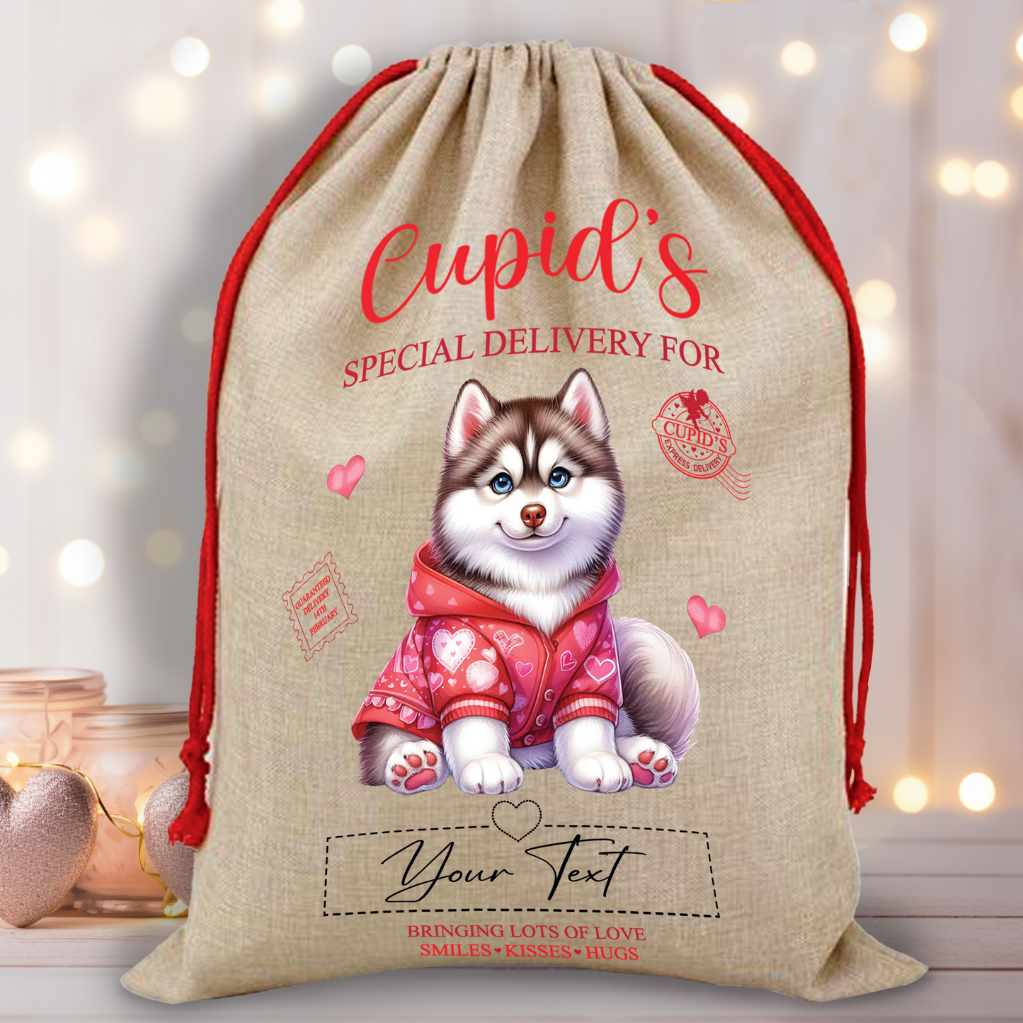 Personalised Dog Love Heart Valentine Anniversary Gift Sack - Husky