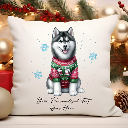 Personalised Husky Dog Christmas Jumper Cushion Cover Gift