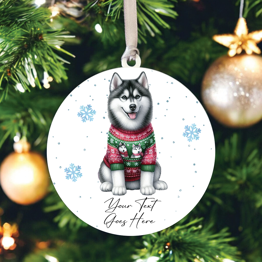 A Personalised Husky Jumper Dog Hanging Bauble Decoration