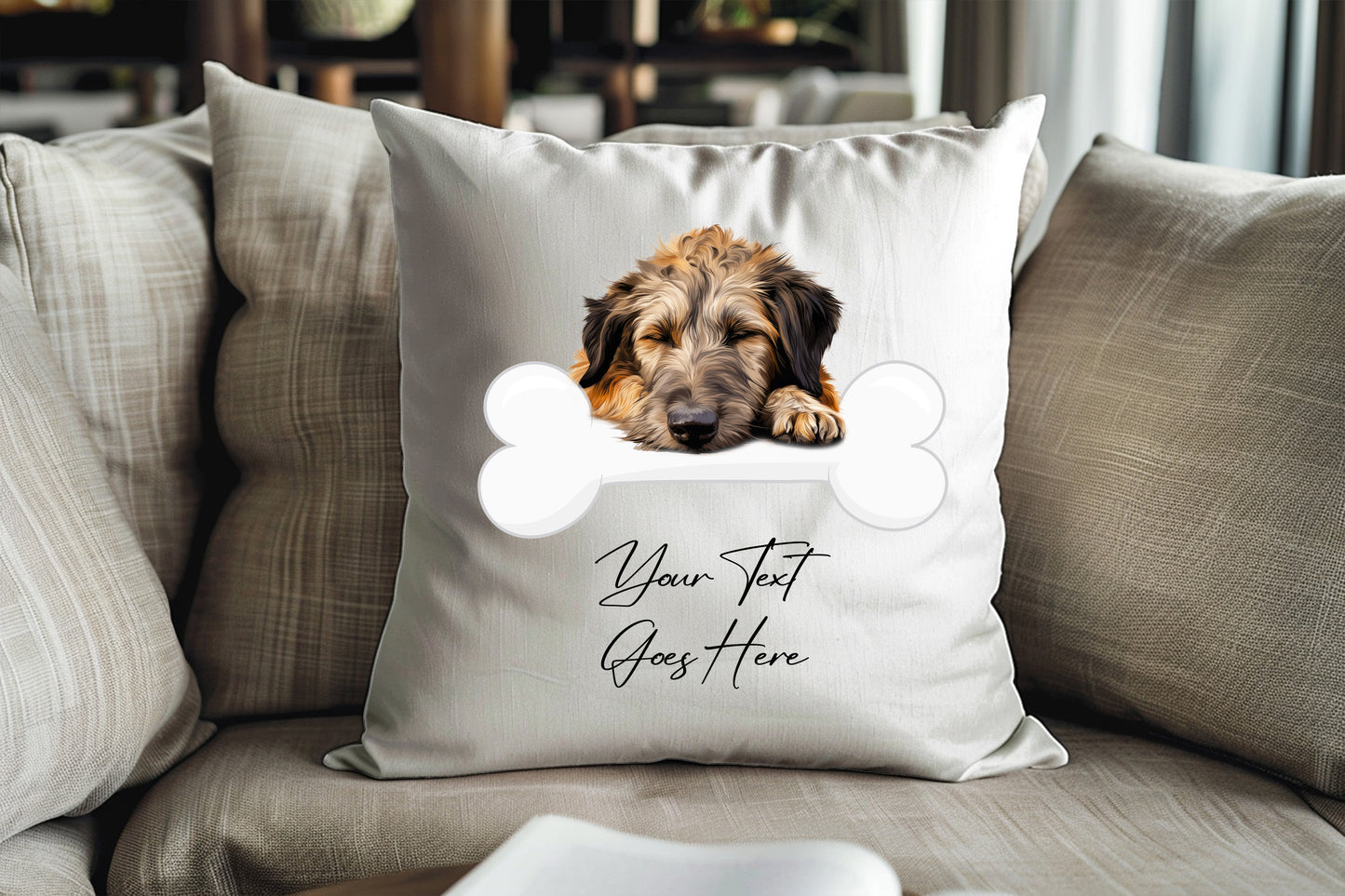 Personalised Irish Wolfhound sleeping on a bone Pet Dog Keepsake Gift Cushion, by Floppsie Moppsie – floppsiemoppsie at floppsiemoppsie.co.uk