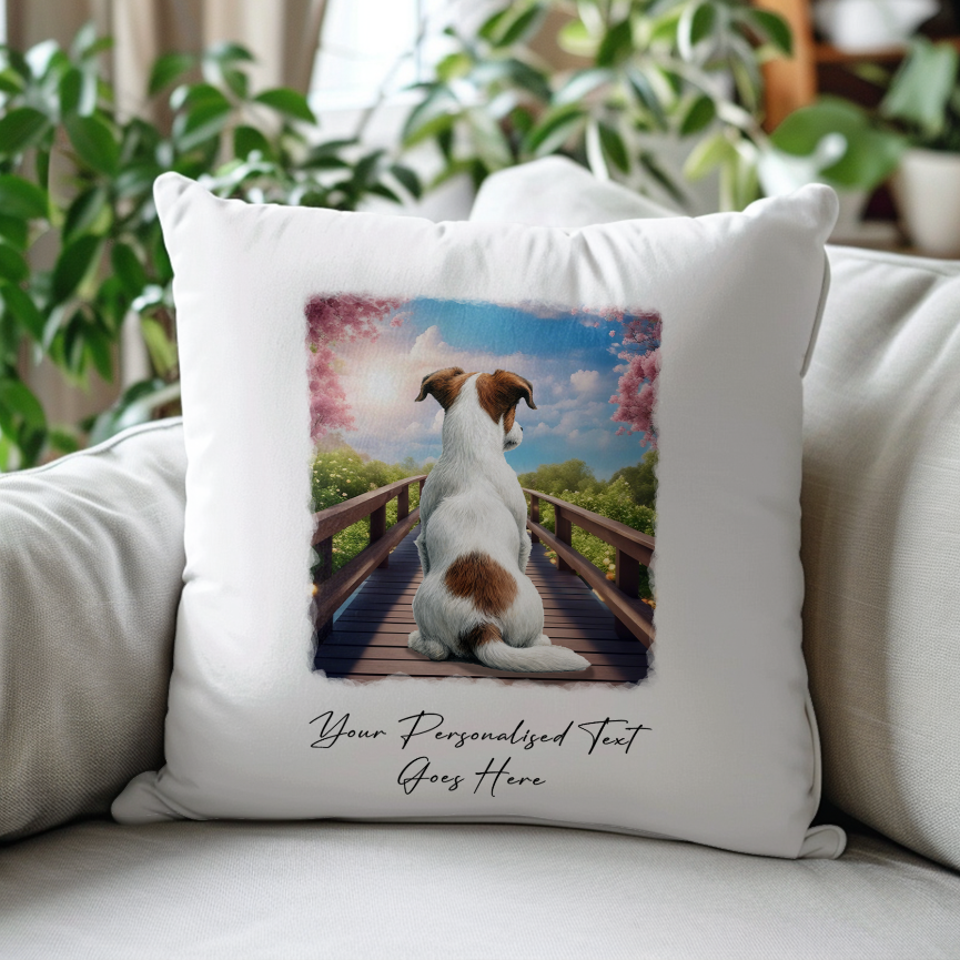 Personalised Jack Russell – Looking out across a Bridge Pet Gift Cushion, by Floppsie Moppsie – floppsiemoppsie at floppsiemoppsie.co.uk