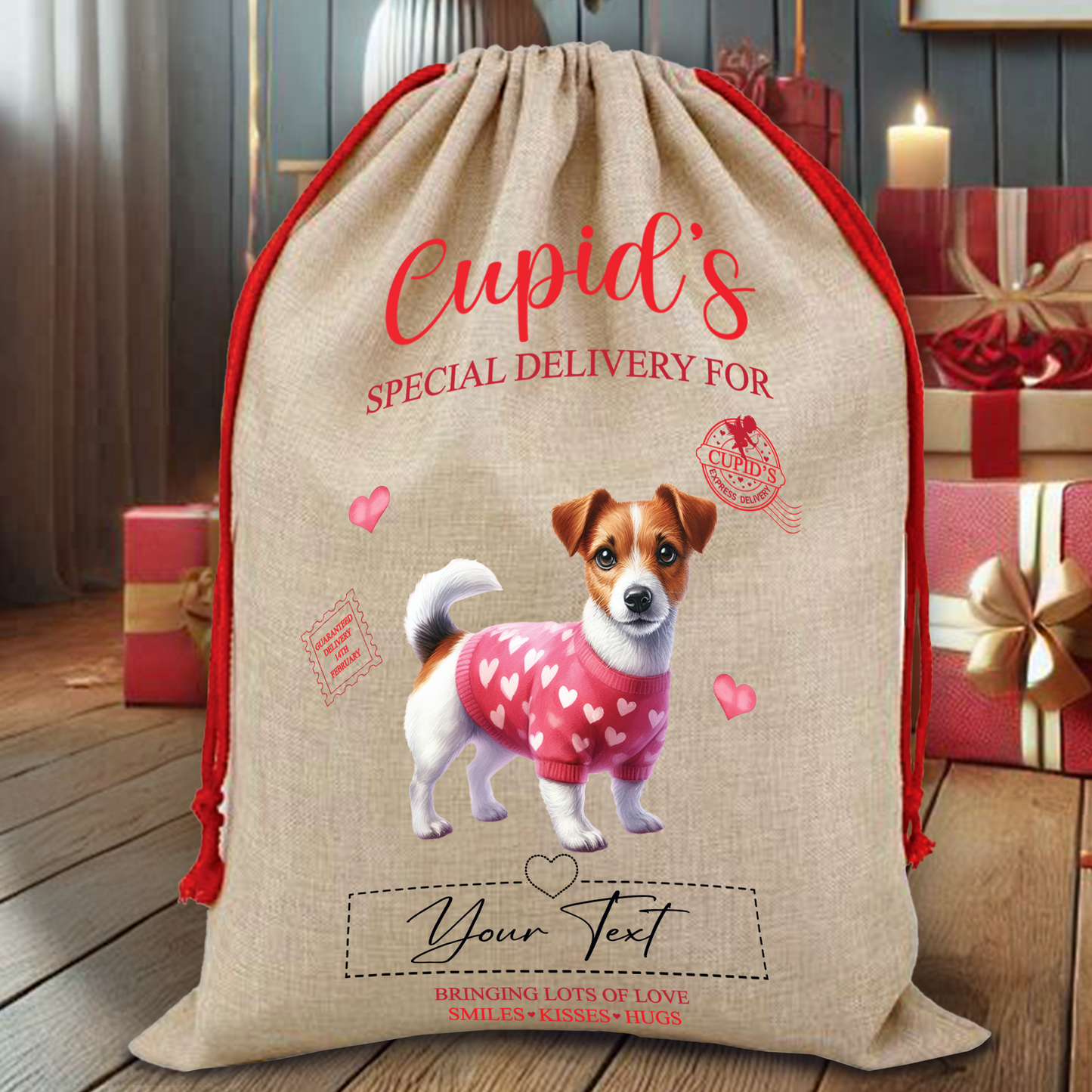 Personalised Dog Love Heart Valentine Anniversary Gift Sack - Jack Russell