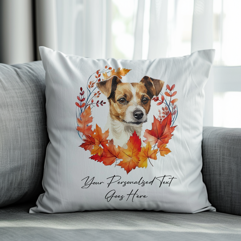 Personalised Jack Russell in an Autumn wreath - Keepsake Gift cushion, by Floppsie Moppsie – floppsiemoppsie at floppsiemoppsie.co.uk