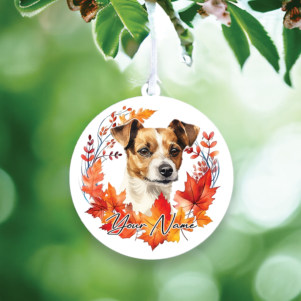 Personalised Dog Jack Russell in an autumn wreath - Keepsake Gift Hanging Decoration, by Floppsie Moppsie – floppsiemoppsie at floppsiemoppsie.co.uk