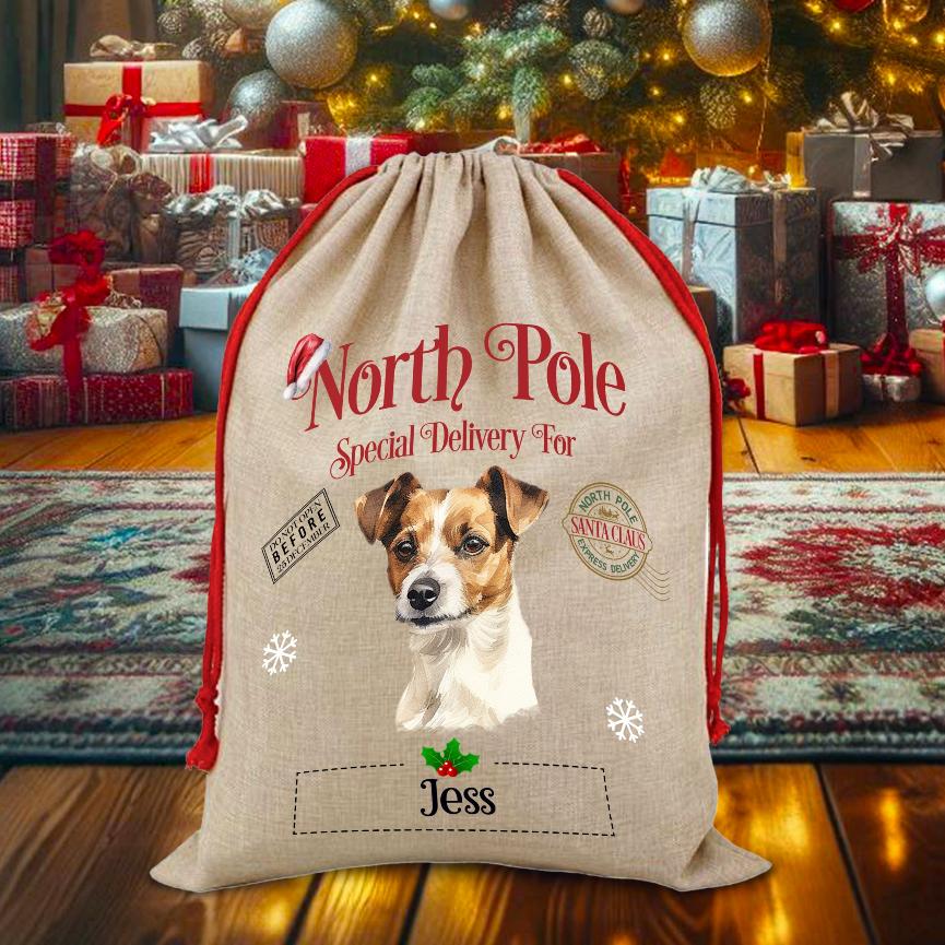 Personalised Dog Jack Russell Terrier – North Pole Special Delivery Santa Sack Pet Gift, by Floppsie Moppsie – floppsiemoppsie at floppsiemoppsie.co.uk