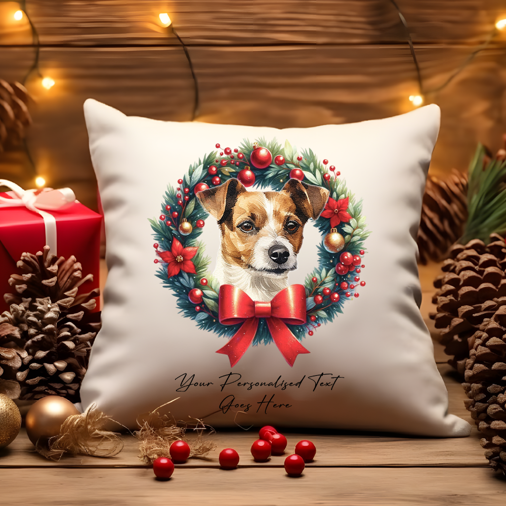 Personalised Jack Russell in a Christmas wreath - Keepsake Gift cushion, by Floppsie Moppsie – floppsiemoppsie at floppsiemoppsie.co.uk