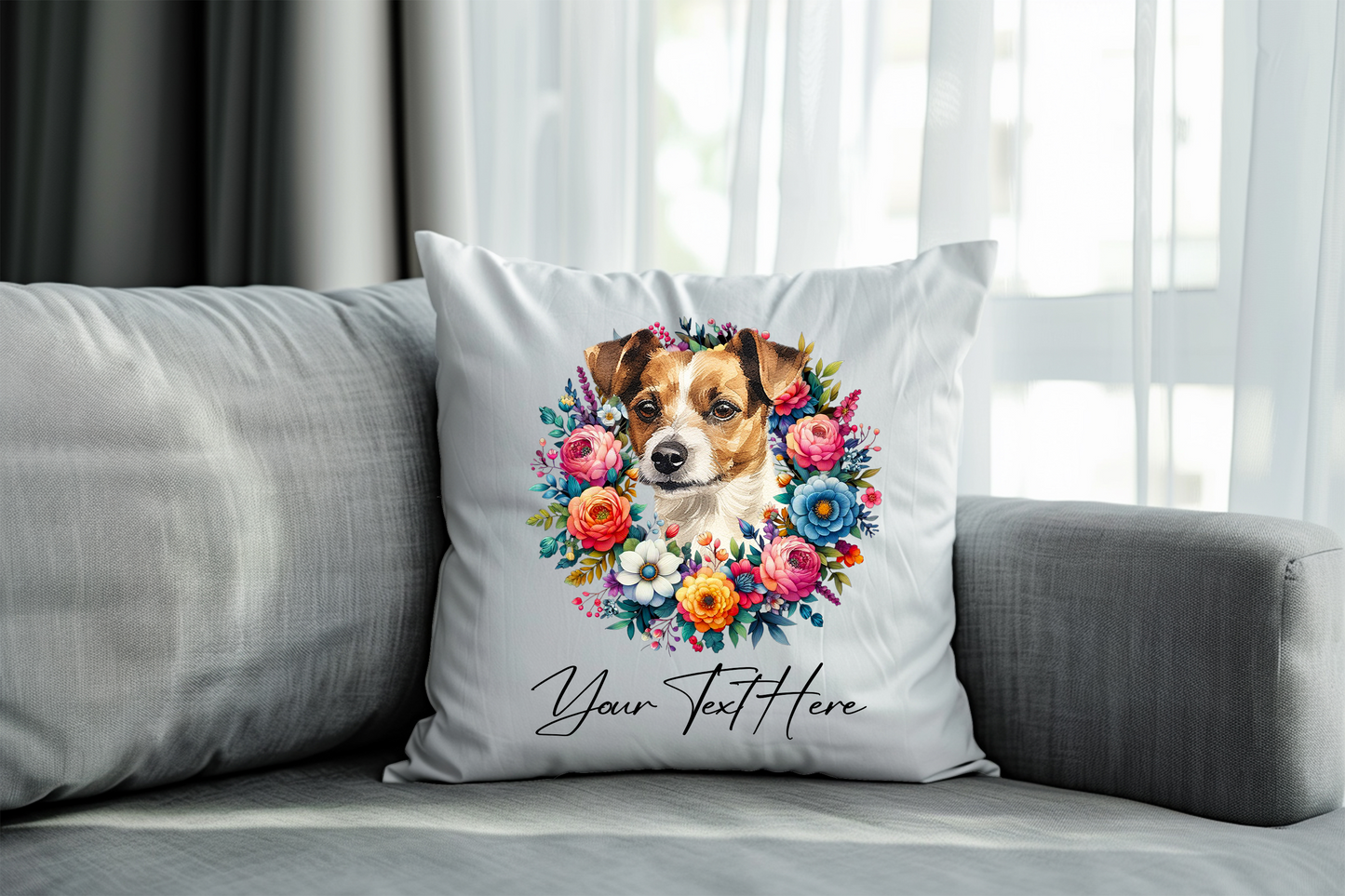 Personalised Floral Summer Pet Dog Wreath with Jack Russell Terrier - Keepsake Gift Cushion, by Floppsie Moppsie – floppsiemoppsie at floppsiemoppsie.co.uk