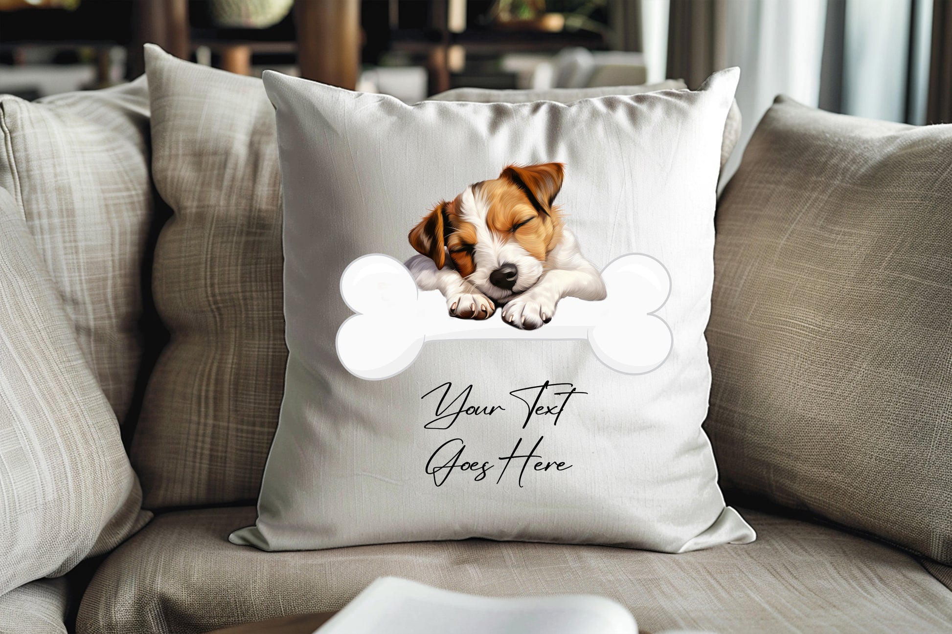 Personalised Jack Russell Terrier sleeping on a bone Pet Dog Keepsake Gift Cushion, by Floppsie Moppsie – floppsiemoppsie at floppsiemoppsie.co.uk