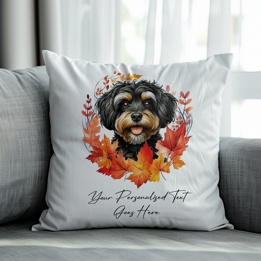 Personalised Jackapoo in an Autumn wreath - Keepsake Gift cushion, by Floppsie Moppsie – floppsiemoppsie at floppsiemoppsie.co.uk