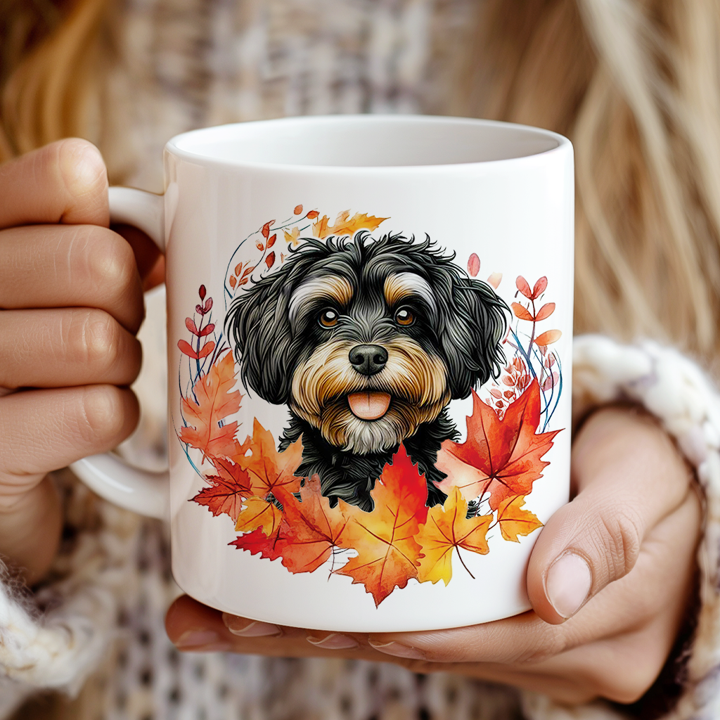 Personalised Jackapoo in an Autumn wreath - Keepsake Mug, ideal gift for Birthday and Christmas Gift, by Floppsie Moppsie – floppsiemoppsie at floppsiemoppsie.co.uk