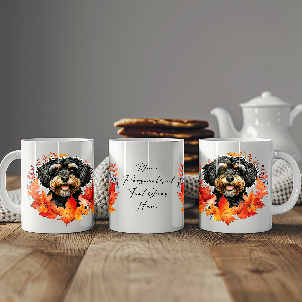 Personalised Jackapoo in an Autumn wreath - Keepsake Mug, ideal gift for Birthday and Christmas Gift, by Floppsie Moppsie – floppsiemoppsie at floppsiemoppsie.co.uk