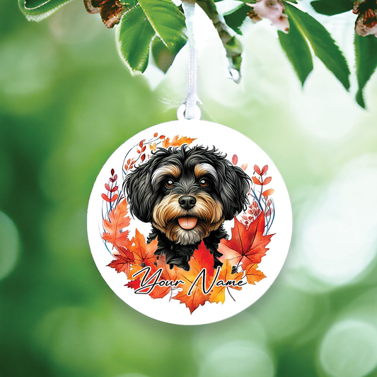 Personalised Dog Jackapoo in an autumn wreath - Keepsake Gift Hanging Decoration, by Floppsie Moppsie – floppsiemoppsie at floppsiemoppsie.co.uk