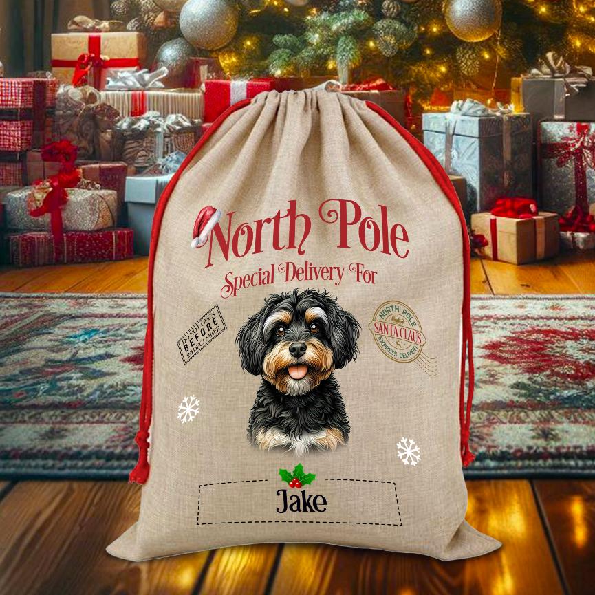 Personalised Dog Jackapoo – North Pole Special Delivery Santa Sack Pet Gift, by Floppsie Moppsie – floppsiemoppsie at floppsiemoppsie.co.uk