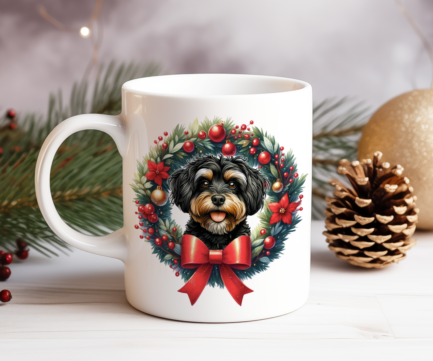 Personalised Jackapoo Dog Christmas Wreath Gift Mug