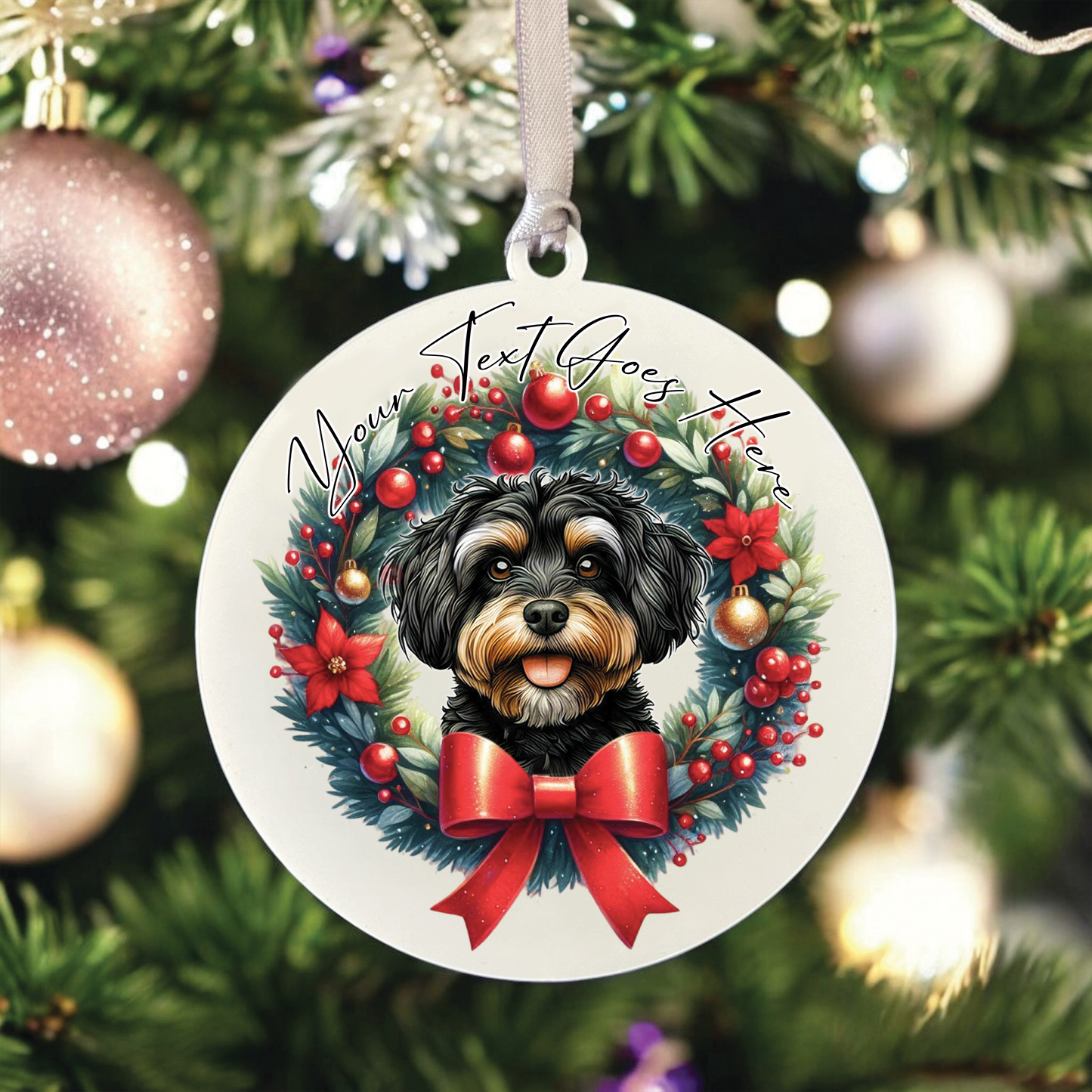 Personalised Jackapoo Dog Christmas Wreath - Hanging Bauble Decoration